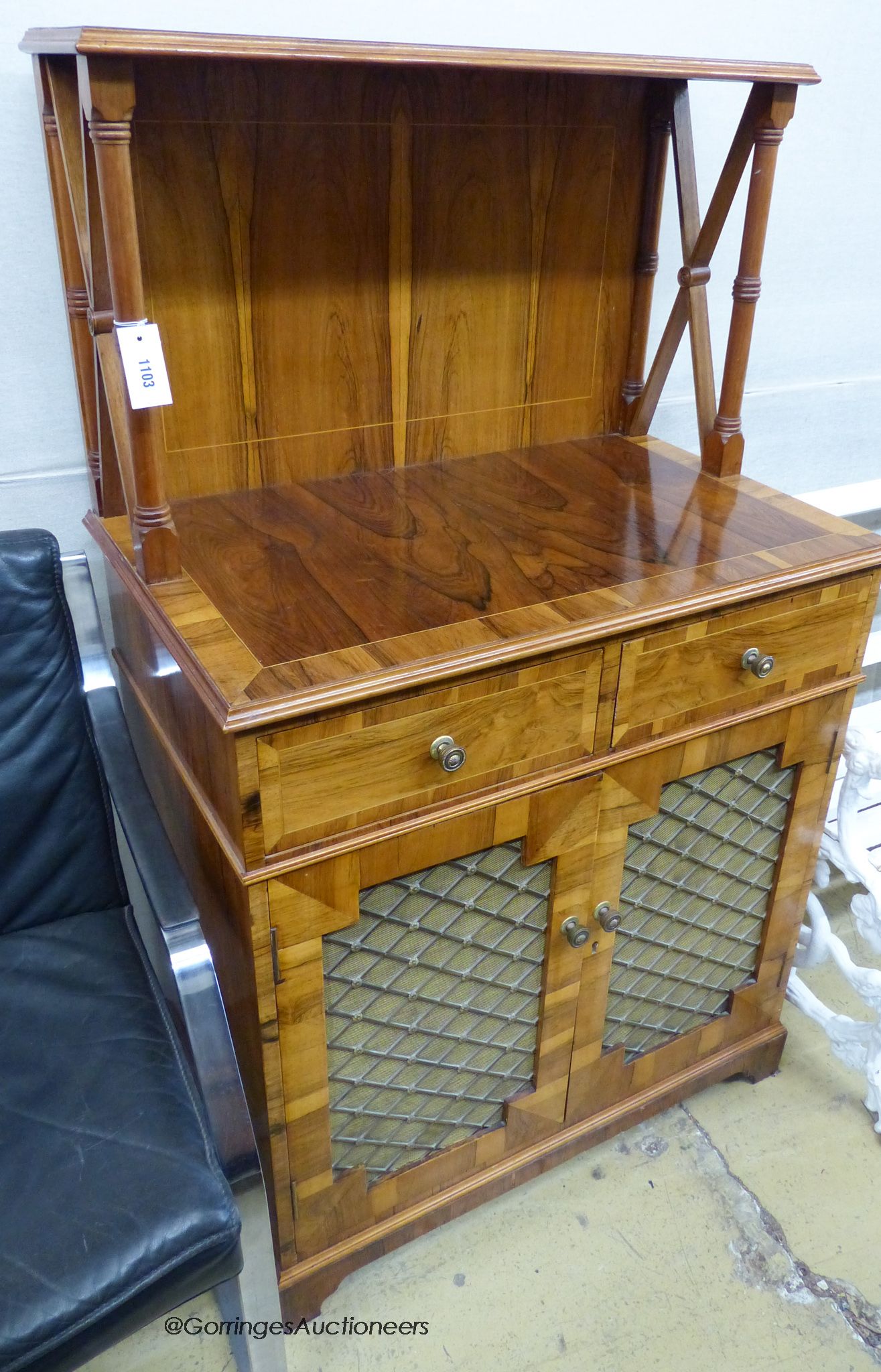 A regency style small rosewood chiffonier with raised panelled back, W-80, D-49, H-135.
